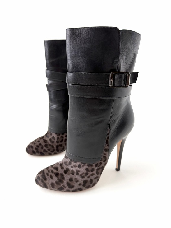 Jimmy Choo Shoes - JIMMY CHOO | Blaine Leather Leopard Calf Hair Buckle Ankle Boots Black EU 39